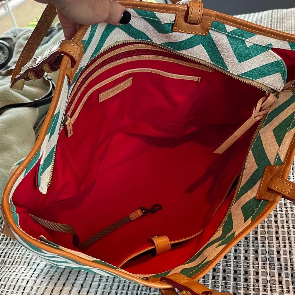 Dooney & Bourke Teal and White Chevron Leisure Shopper Tote - Picture 4 of 5